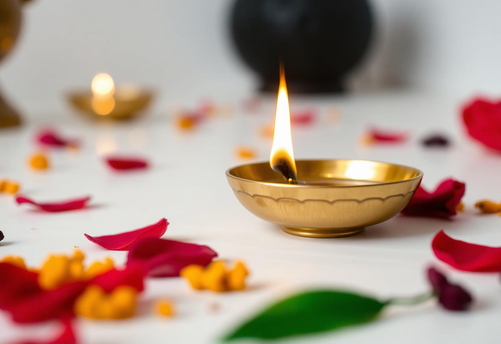 Brass diya with flame surrounded by marigold petals